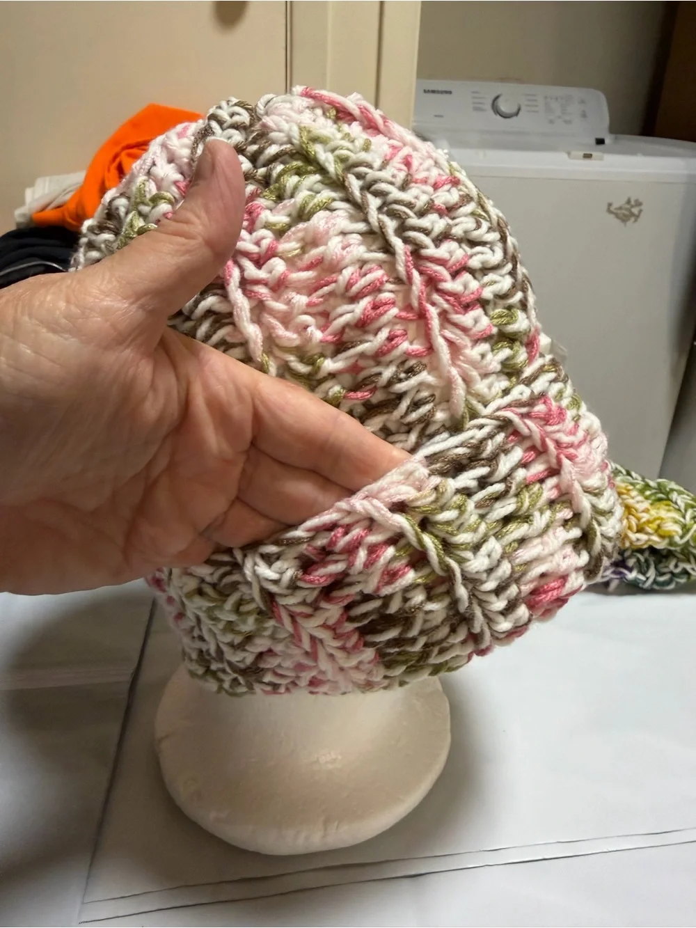 New Ladies Multicolor crochet Beanie - Pink, White, Olive